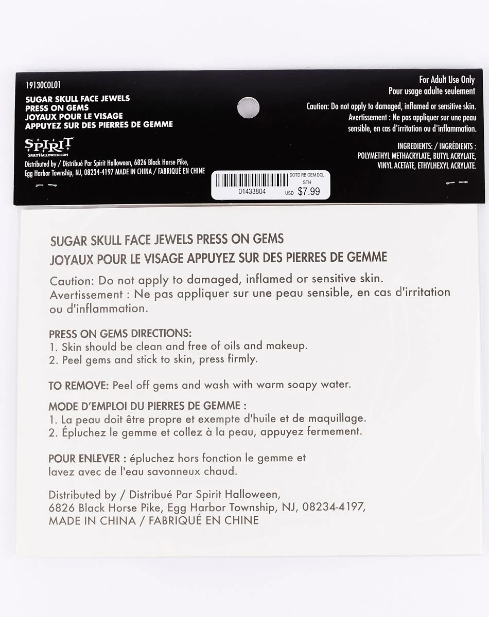 Spirit Halloween Sugar Skull Jewel Face Decal 4 Spirit Halloween Sugar Skull Jewel Face Decal - Image 2