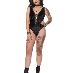 Spirit Halloween Black Velvet Lace-Up Front Bodysuit -HALLOWEEN COSTUMES Sales Store 07602907 c